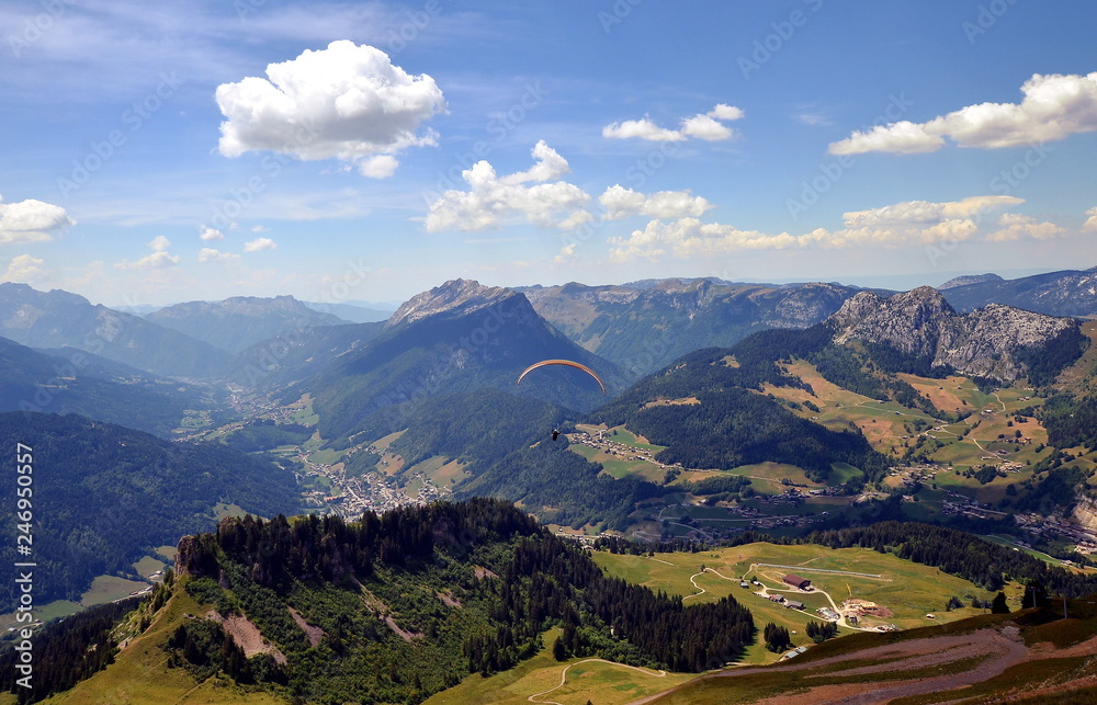Airshop while paragliding in French Alps with a view on Aravis Range and Mont Blanc