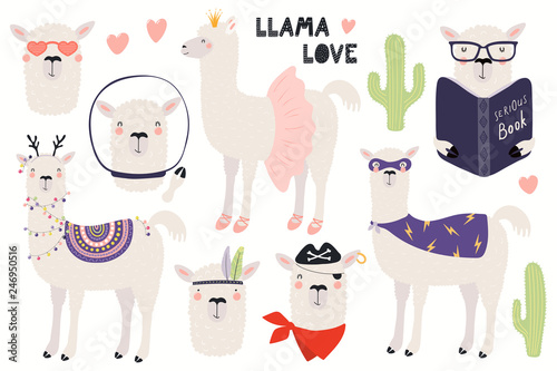 Set of cute funny llamas, Christmas, astronaut, ballerina, pirate, superhero. Isolated objects on white. Hand drawn vector illustration. Scandinavian style flat design. Concept for children print.