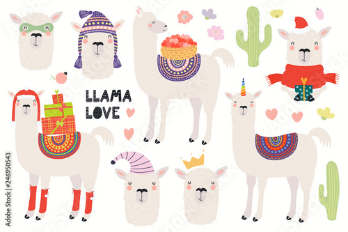 Set of cute funny llamas, Christmas, superhero, princess, unicorn. Isolated objects on white background. Hand drawn vector illustration. Scandinavian style flat design. Concept for children print.