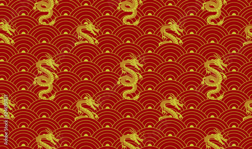 Vector Seamless Oriental Background, Geometric Ornament with Golden Dragons.