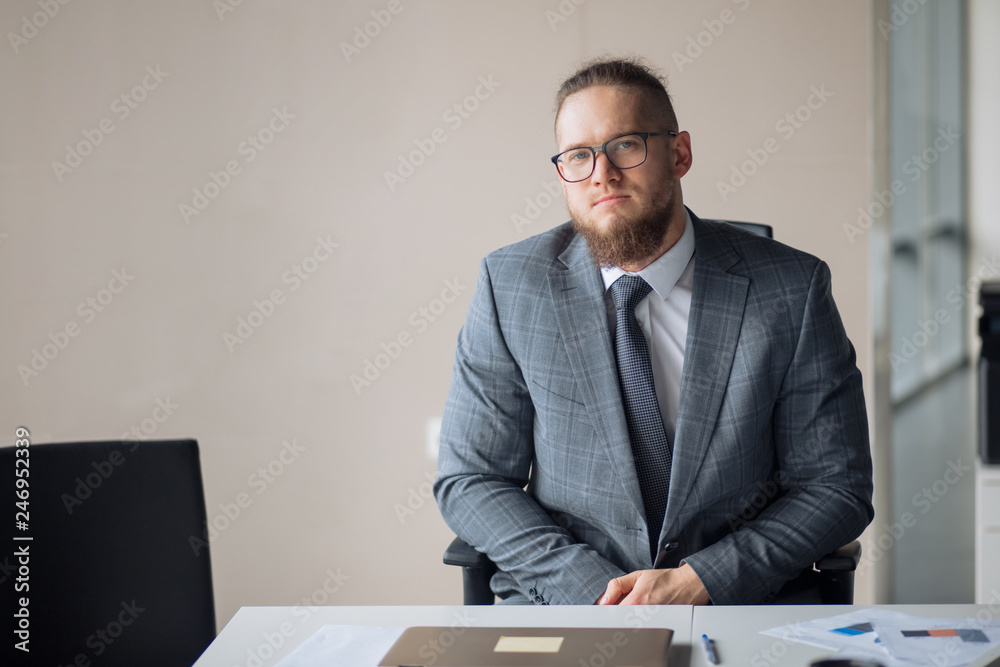 plump manager at workplace. occupation. close up portrait . copy space plump manager at workplace. occupation. close up portrait . copy space