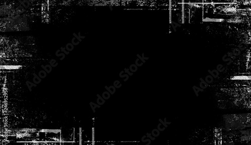 Vintage scratched grunge border overlays on isolated black background for copyspace.