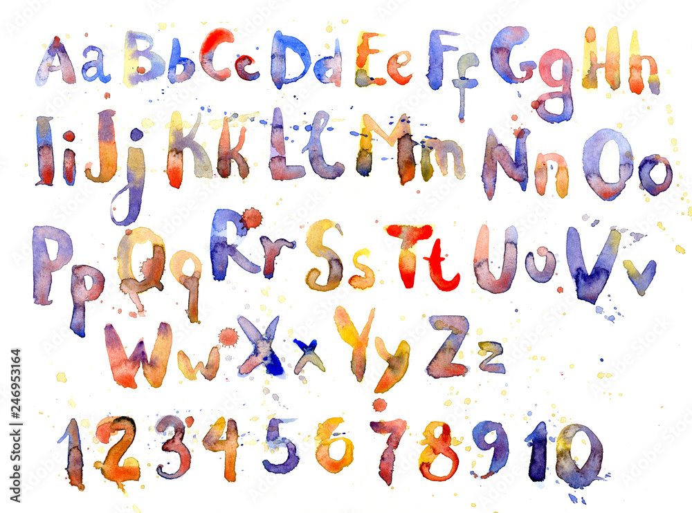 English alphabet, numbers and letters in watercolor, set