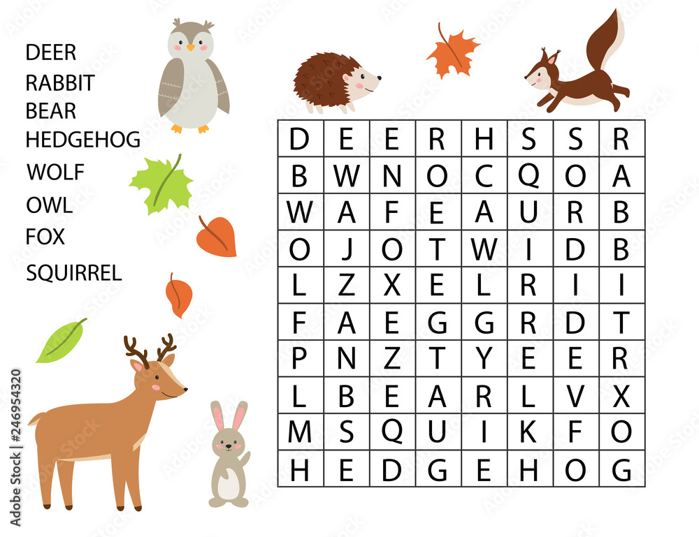 Educational game for kids. Word search game. Forest animals. Cute cartoon  deer, rabbit, owl, hedgehog and squirrel. Learning english vocabulary.  Vector illustration. Stock Vector | Adobe Stock