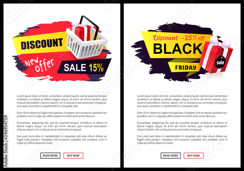 Black friday, offers and sales from shops stores vector. Web pages with text sample, presents in shopping basket, gifts and bows made of decor ribbons