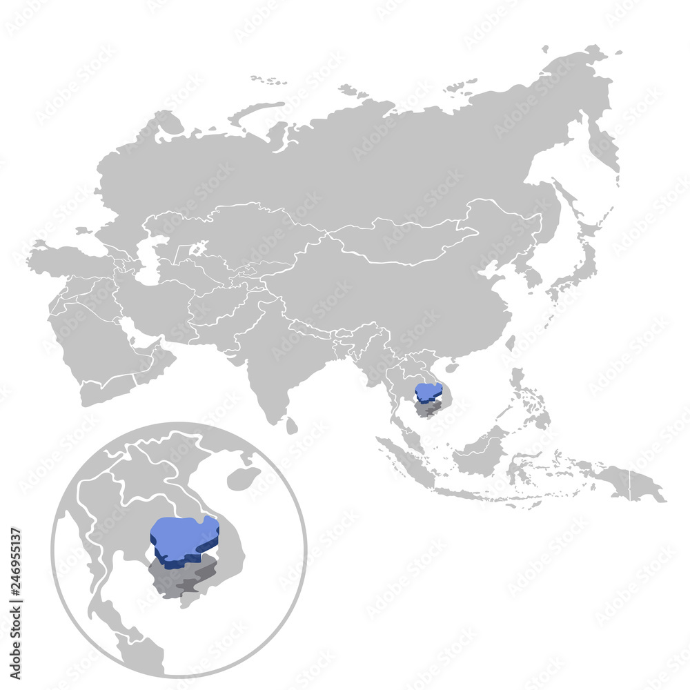 Vector illustration of Cambodia in blue on the grey model of Asia map ...
