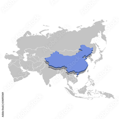 Vector illustration of China in blue on the grey model of Asia map.