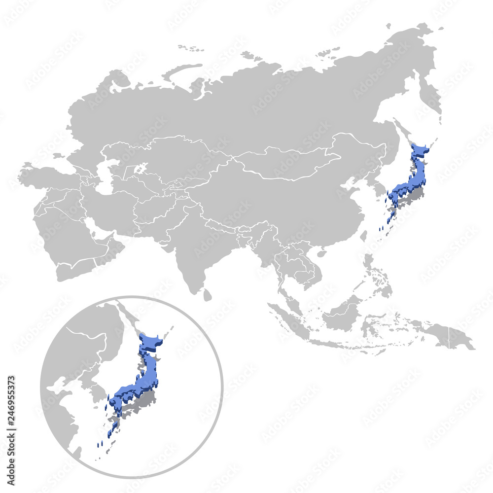 Obraz premium Vector illustration of Japan in blue on the grey model of Asia map with zooming replica of country.