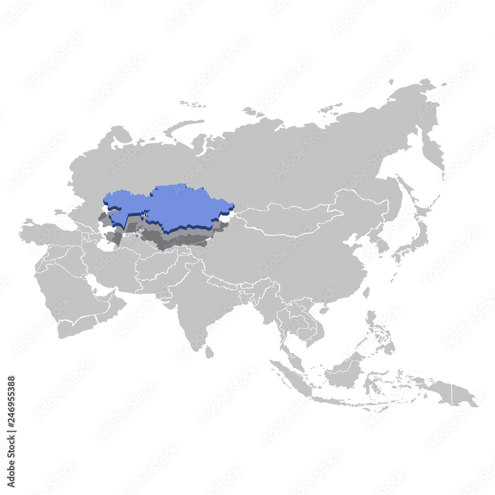 Vector illustration of Kazakhstan in blue on the grey model of Asia map.