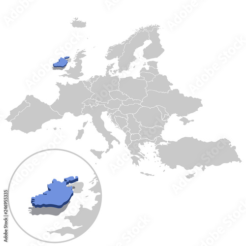 Vector illustration of Ireland in blue on the grey model of Europe map with zooming replica of country.