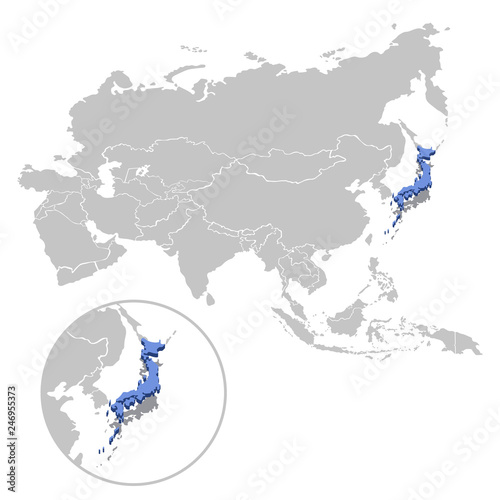Vector illustration of Japan in blue on the grey model of Asia map with zooming replica of country.