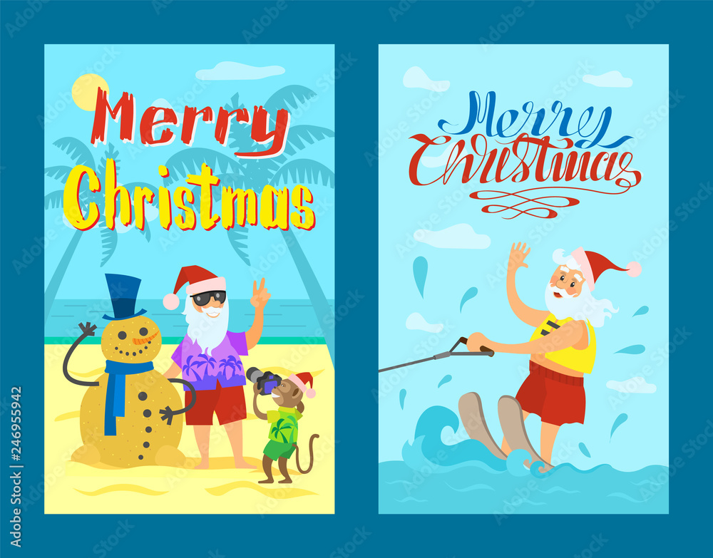 Fototapeta premium Merry Christmas, Santa Claus riding on water skies in red hat, New year characters snowman of sand and monkey. Summer holidays vector water splashes and man