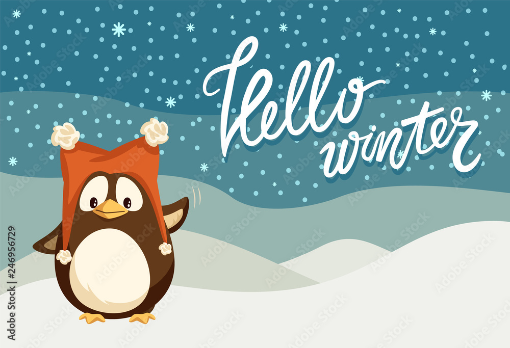Hello winter Christmas holiday celebration, penguin with smooth feathers wings vector. Animal wearing hat, snowing cold weather character from pole Hello winter Christmas holiday celebration, penguin with smooth feathers wings vector. Animal wearing hat, snowing cold weather character from pole
