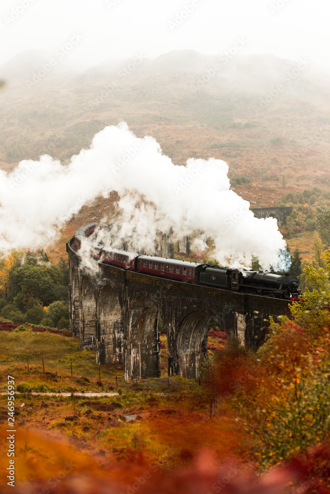 Fototapeta premium Steam train passing Glenfinnan Viaduct with fog covered mountains in the background during a moody autumn day (Glenfinnan, Scotland, Europe)