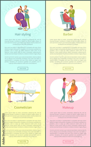Hair styling procedures posters set with text sample set vector. Cosmetician webpages online, haircut making and visage makeup. Visagiste and stylist