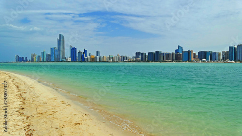 Abu Dhabi panoramic view across clear sea and Corniche Beach