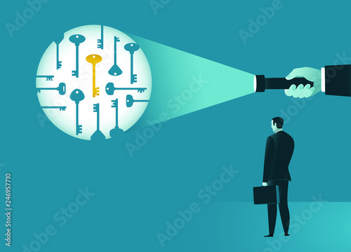 Guidance in finding and choosing a solution. A hand with flashlight highlights among many the key to success. Business concept. Vector illustration