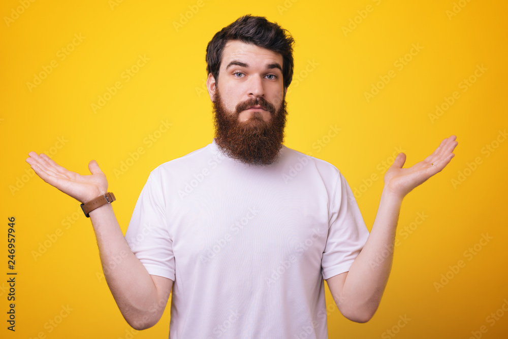 Close up portait handsome bearded man wearing a tshirt doing sign means I don't know Close up portait handsome bearded man wearing a tshirt doing sign means I don't know