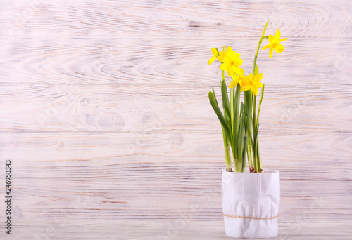 Fototapeta Naklejka Na Ścianę i Meble -  Yellow daffodils flowers over wooden background
