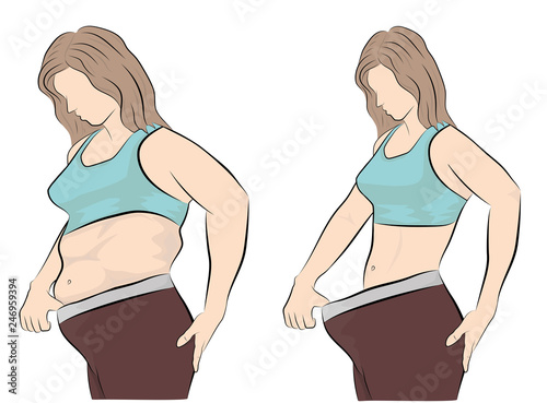 Woman's body before and after weight loss. vector illustration.