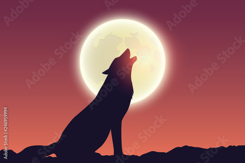 wolf howls at full moon silhouette vector illustration EPS10