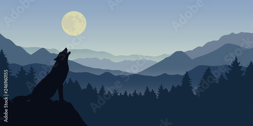 Fotografia wolf howls at the full moon blue foggy mountain and forest nature landscape vect