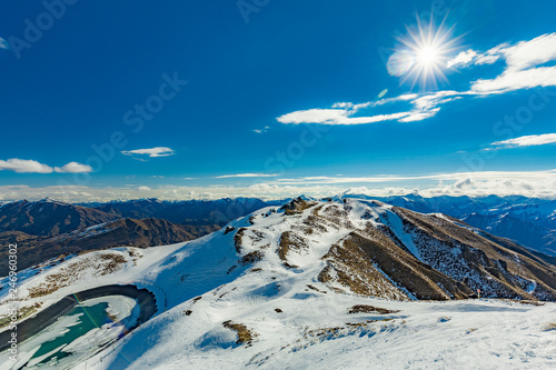 New Zealand mountain panorama and ski slopes as seen from Coronet Peak ski resort, Queenstown