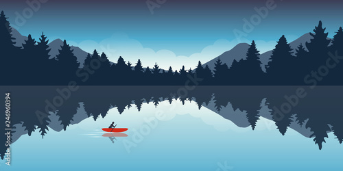 lonely canoeing adventure with red boat forest landscape vector illustration EPS10