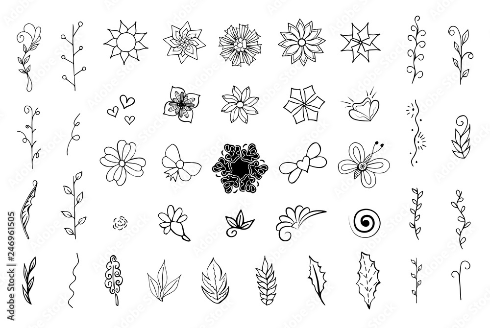 Fototapeta premium Objects are black, isolated on white background. Vector set of elements. Well suited for the design of postcards, leaflets, packaging. Easy to use, all items are separated. Many objects and elements.