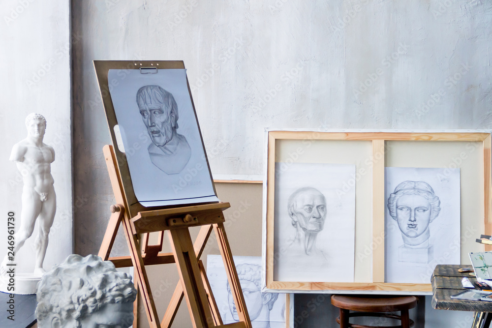 Modern freelancer artist sculptor creator art workplace studio exhibition interior with