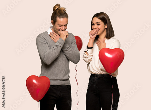 Couple in valentine day is suffering with cough and feeling bad over isolated background