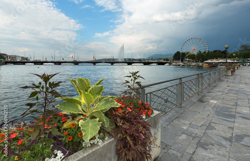 Views of Lake Leman and Promemade du Lac, in the city of Geneva.