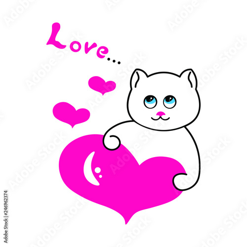 Cute cat with a heart and the inscription love. Vector, Illustration.