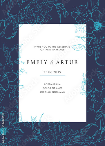 Sea wedding template of invitation with a shade of blue depths. Vector card with sketch floral branches, coral, algae in the trend colors of the underwater world. Nautical art.