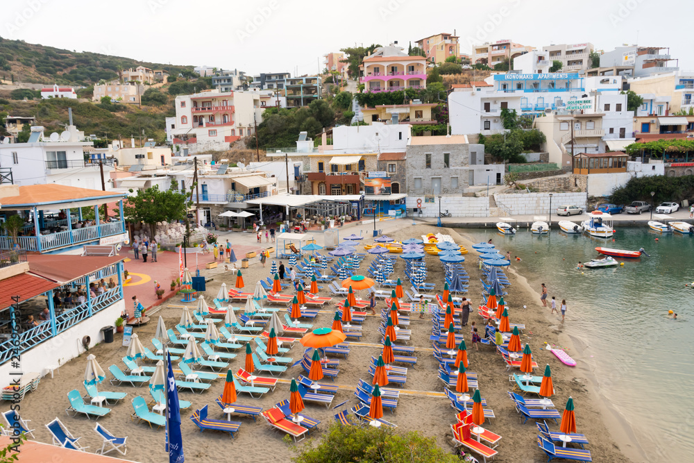 Mythos Beach and the port in village Bali in Crete
