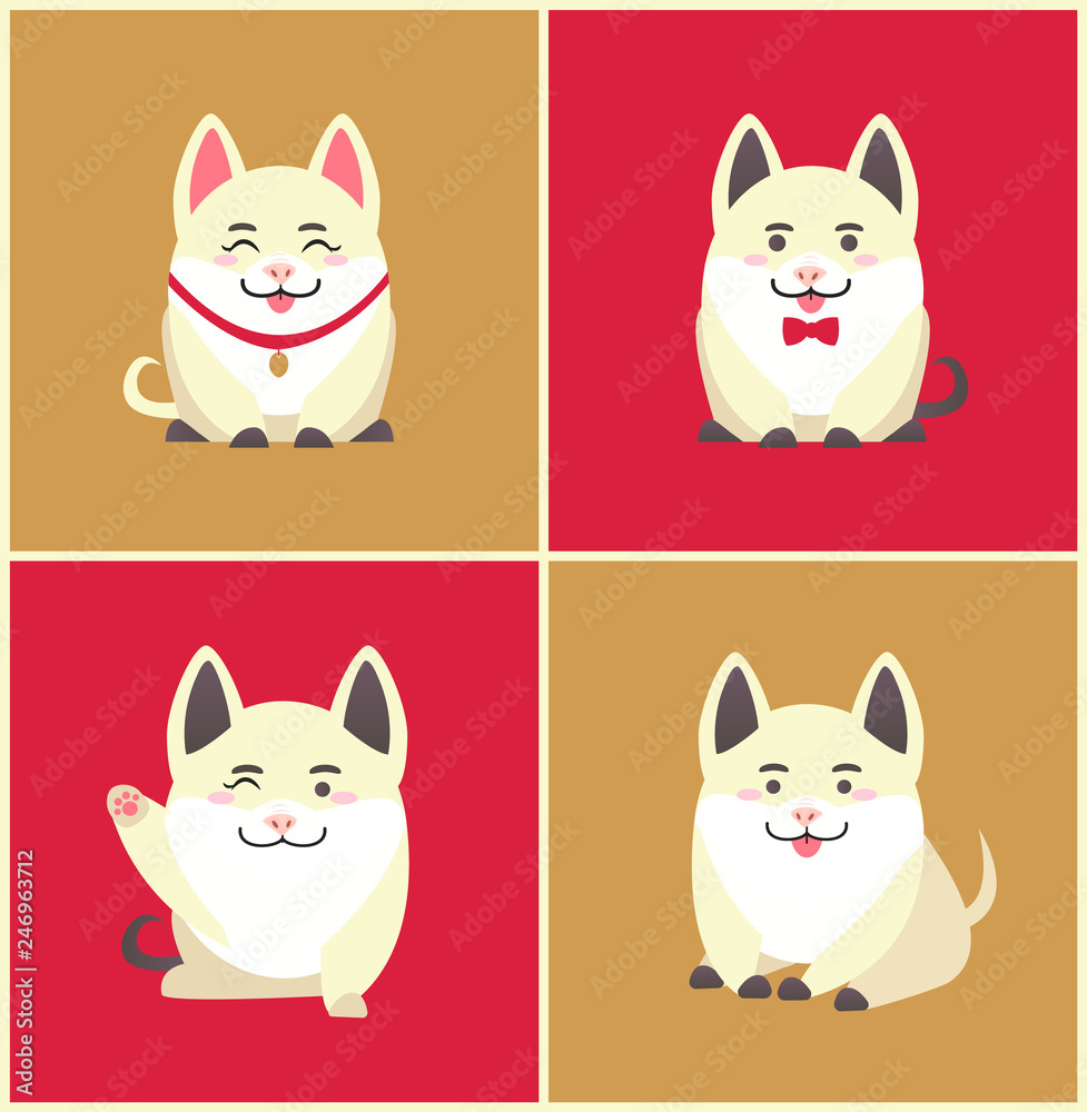 Fototapeta premium Chinese New Year animal pet pig animal in collar vector. Pig pretending to be puppy wearing bow on neck, domesticated canine holiday celebration set
