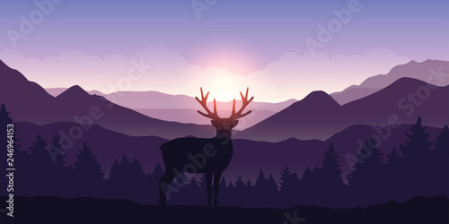 lonely deer in the mountains at sunrise with forest background vector illustration EPS10