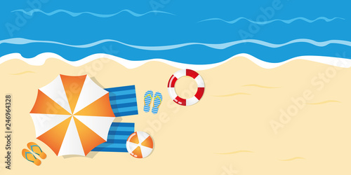 summer holiday on the beach top view with parasol flip flops ball and lifebelt vector illustration EPS10