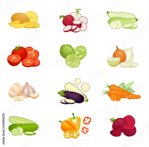 Set of vegetables isolated on white background. Compositions of various whole sliced and halved vegetables. Vector illustration.