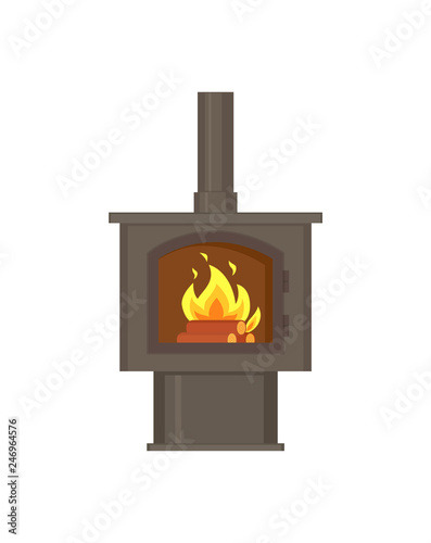 Fireplace with fire burning inside with pipe, tube vector. Isolated icon of fire, decoration of home wooden logs and decor of house metal interior