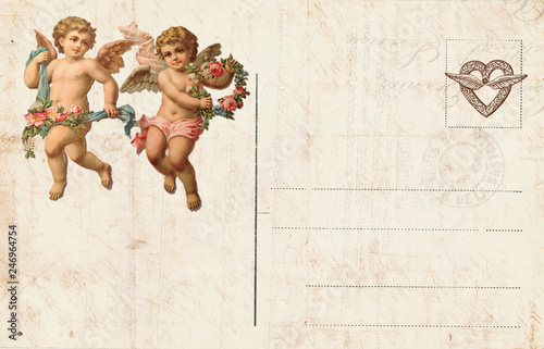 Obraz na plátne Vintage Valentine Day Card with cherubs and heart