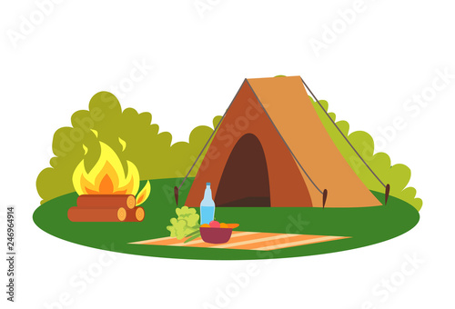 Camping place nature environment tent and bonfire vector. Camp and blanket with bowl and bottle with water  veggies and broccoli natural surrounding