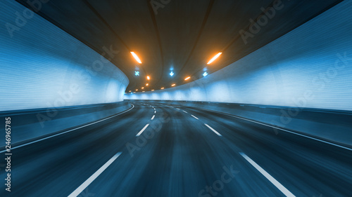 Travel through the illuminated tunnel with motion blur 3D rendering