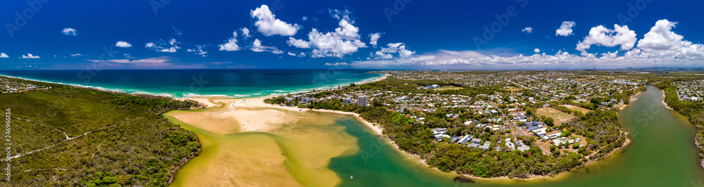 Aerial drone view of beach at Currimundi Lake, Caloundra, Sunshine Coast, Queensland, Australia