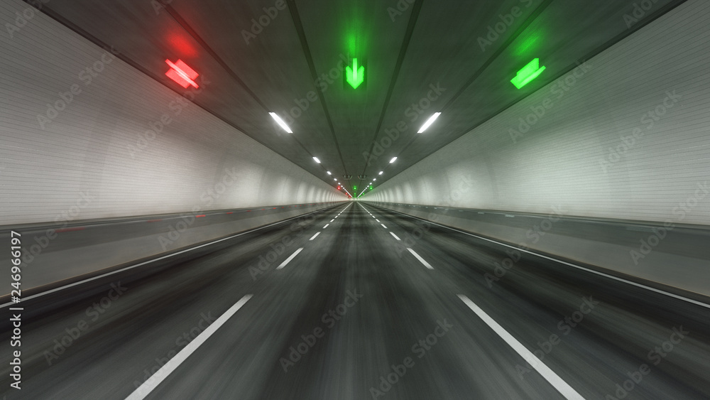 Travel through the illuminated tunnel with motion blur 3D rendering