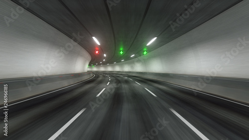 Travel through the illuminated tunnel with motion blur 3D rendering
