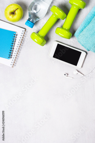 Fitness and healthy lifestyle concept flatlay. 