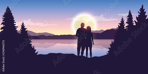 young couple looks to the full moon at beautiful lake vector illustration EPS10