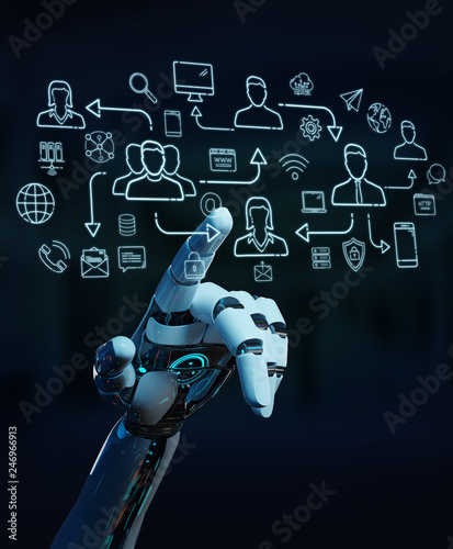 White robot controlling social network icons interface