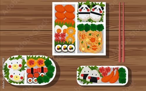 Japanese food in bento box on the wooden table